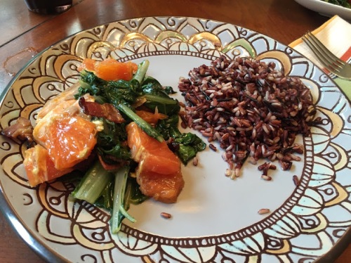 Salmon with braised greens and citrus vinaigrette